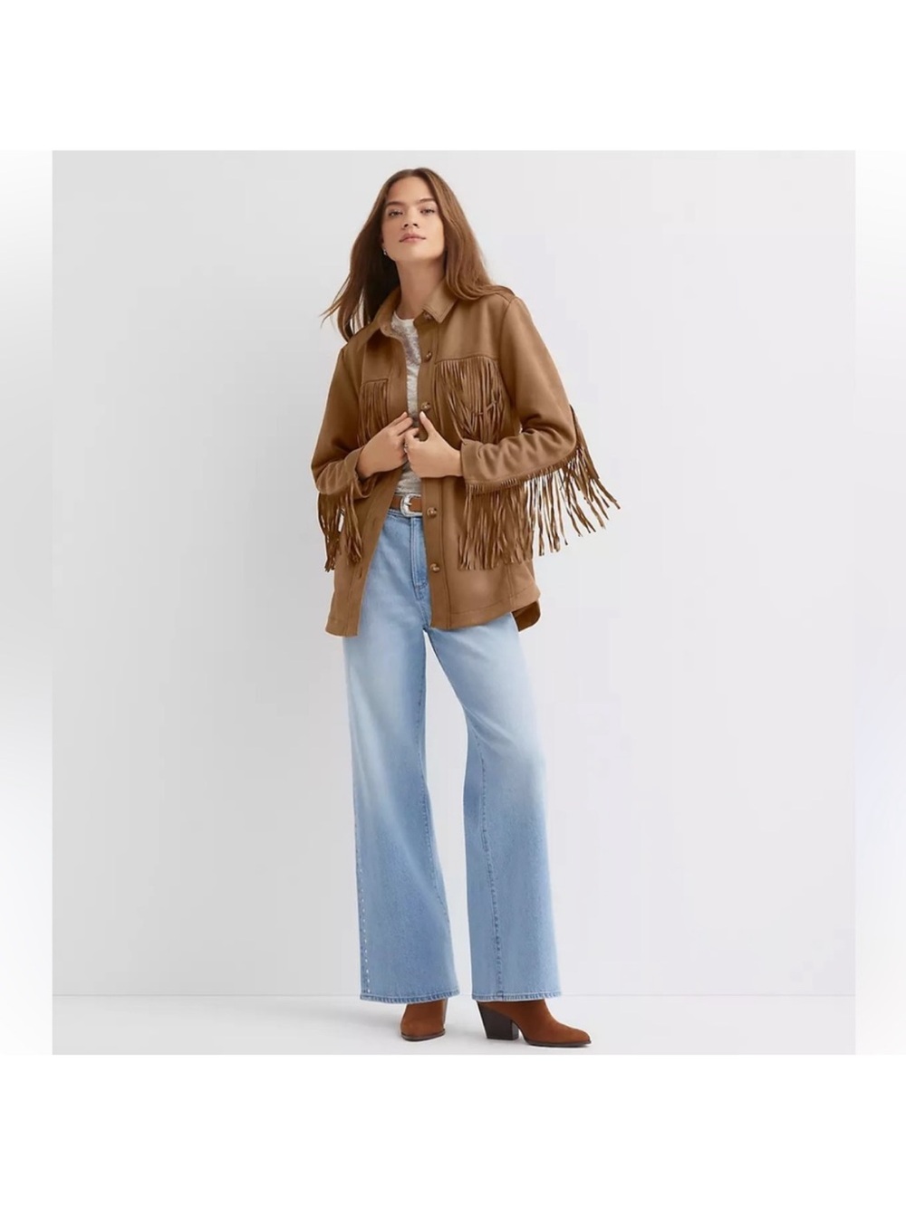 NWT LOFT Faux Suede Fringe Western Jacket Camel XS $170